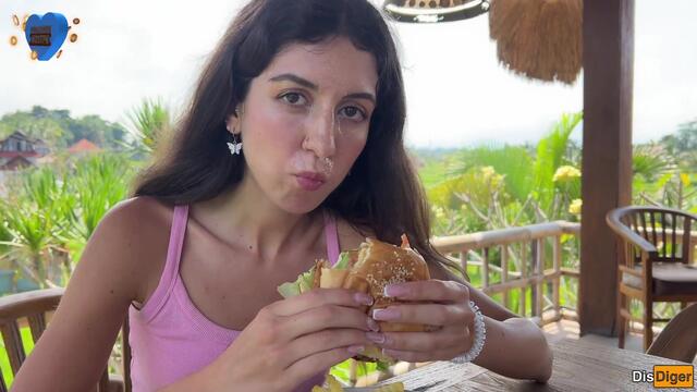 Cute Girl Eating Burger with Cum on Her Face in Public Cafe